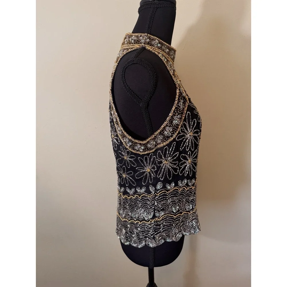 Vintage 90s Beaded Boho Top Luxe Black Gold Floral Halter Glam Art Deco Women L - Picture 4 of 8